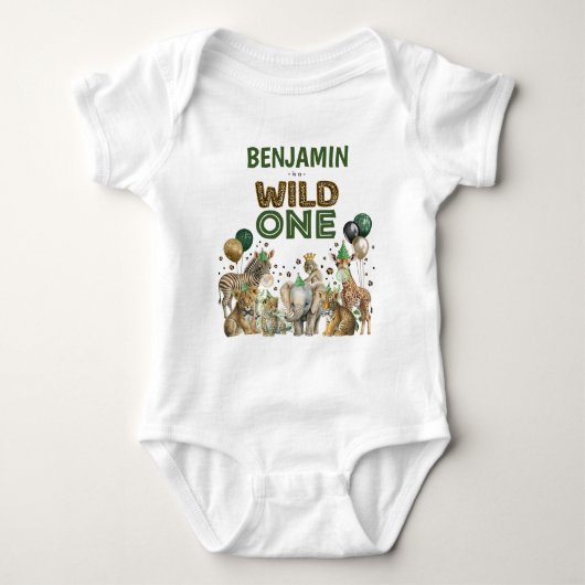 Wild One Boy Birthday Jungle Safari Party Tiere Baby Strampler (Vorderseite)