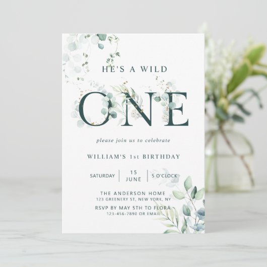 Wild One Boy Botanical First Birthday Einladung (Stehend Vorderseite)