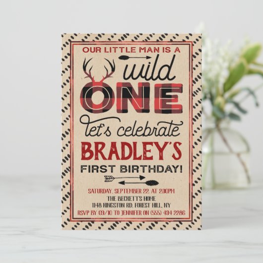 Wild One Boys Rustikaler Kariert Lumberjack 1. Geb Einladung (Stehend Vorderseite)