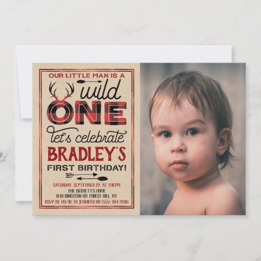 Wild One Boys Rustikaler Kariert Lumberjack 1. Geb Einladung (Vorderseite)