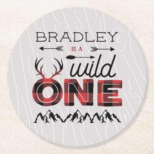 Wild One Boys Rustikaler Kariert Lumberjack 1. Geb Runder Pappuntersetzer (Vorderseite)