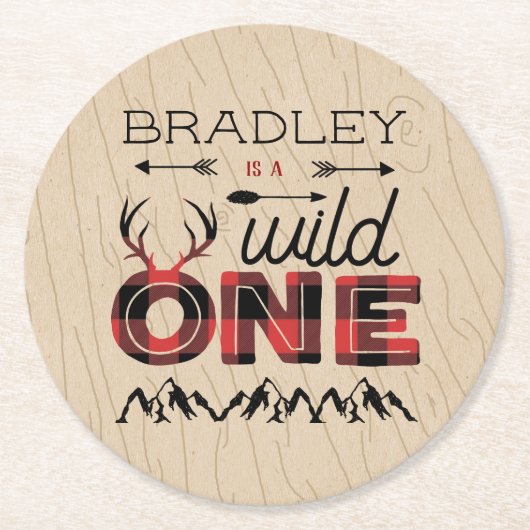 Wild One Boys Rustikaler Kariert Lumberjack 1. Geb Runder Pappuntersetzer (Vorderseite)