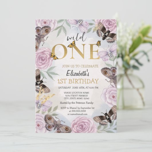 Wild One Butterflies Blume Geburtstag Einladung (Stehend Vorderseite)