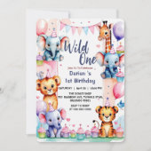 Wild One Cute Animals Balloon cupcake 1st Birthday Einladung (Vorderseite)