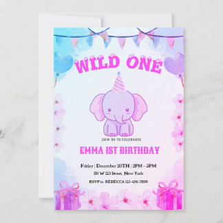 Wild One Cute Elephant 1st Birthday Invitation Einladung