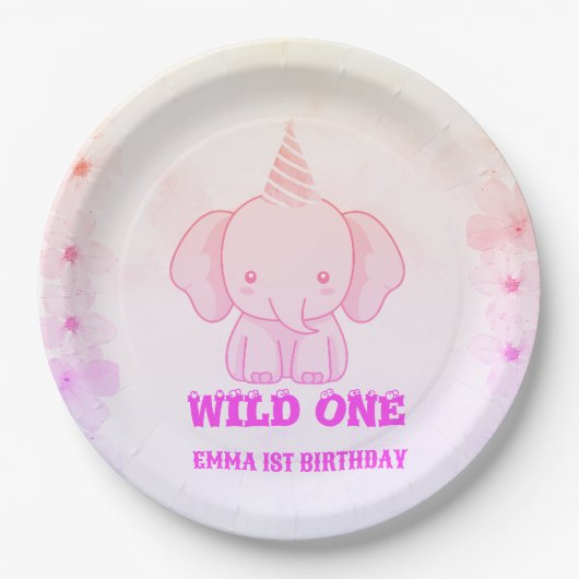 Wild One Cute Elephant 1st Birthday Pappteller (Vorderseite)