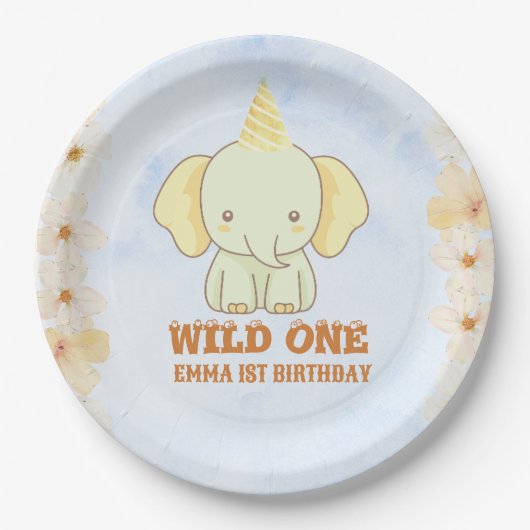 Wild One Cute Elephant 1st Birthday Pappteller (Vorderseite)