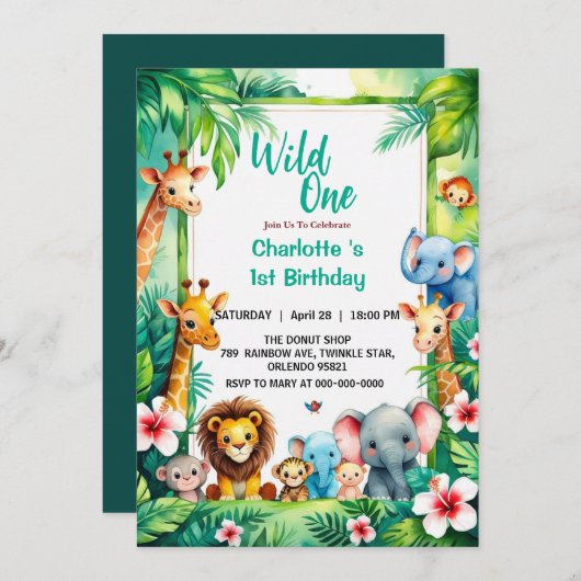 Wild One Cute Jungle Animal Child's 1st Birthday  Einladung (Vorne/Hinten)