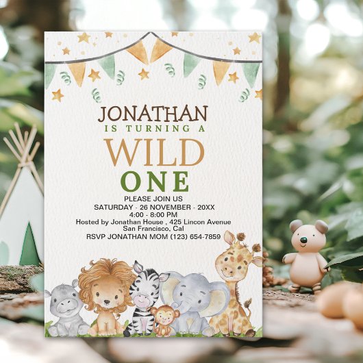 Wild One Cute Safari Animals Birthday Einladung