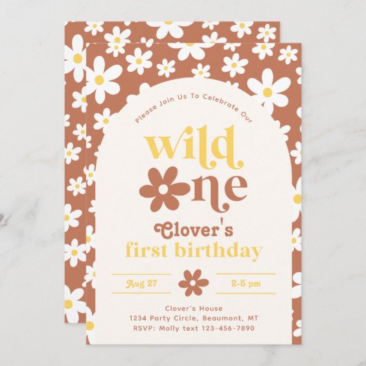 Wild One Daisy Birthday Einladung | Erste (Vorne/Hinten)