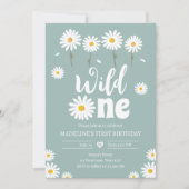 Wild One Daisy Boho Dusty Blue Girl Erster Geburts Einladung (Vorderseite)