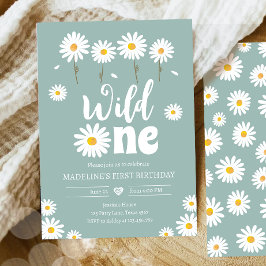 Wild One Daisy Boho Dusty Blue Girl Erster Geburts Einladung