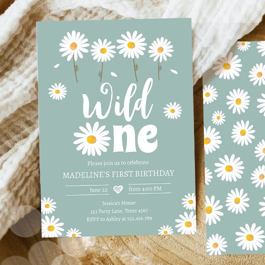 Wild One Daisy Boho Dusty Blue Girl Erster Geburts Einladung
