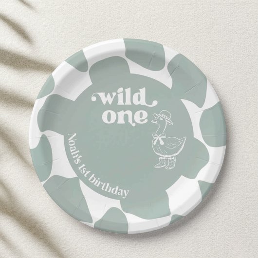 Wild One Dapper Duck 1st Birthday Sage Green Check Pappteller