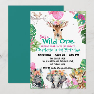 Wild One Deer Safari Dschungel 1. Tiere Geburtstag Einladung
