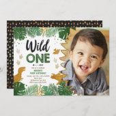 Wild One Dino Party Boy Gold Dinosaur 1. Geburtsta Einladung (Vorne/Hinten)