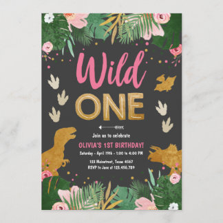 Wild One Dino Party Girl Pink Dinosaur Geburtstag Einladung