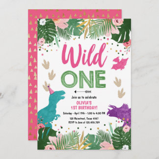 Wild One Dino Party Girl Pink Dinosaur Geburtstag Einladung