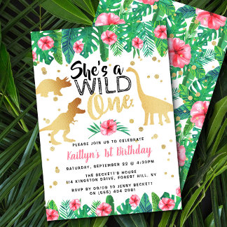 Wild One Dinosaur Girls 1. Geburtstag Einladung