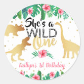 Wild One Dinosaur Girls 1. Geburtstag Runder Aufkleber (Vorderseite)