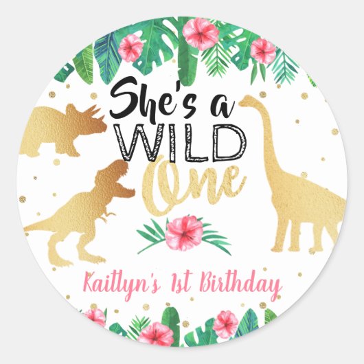 Wild One Dinosaur Girls 1. Geburtstag Runder Aufkleber (Vorderseite)