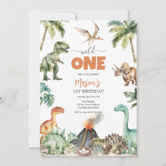Wild One Dinosaur Kids 1st Birthday Invitatio Einladung (Vorderseite)