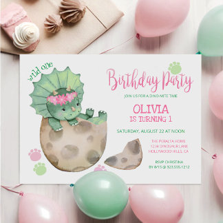 Wild One Dinosaur Triceratops Girl's 1. Geburtstag Einladung