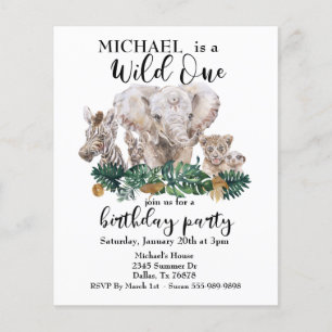 Wild One Dschungel Watercolor Elephant Zebra Budge Flyer