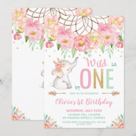 Wild One Elephant 1. Geburtstag Boho Pink Floral Einladung
