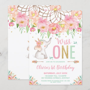 Wild One Elephant 1. Geburtstag Boho Pink Floral Einladung