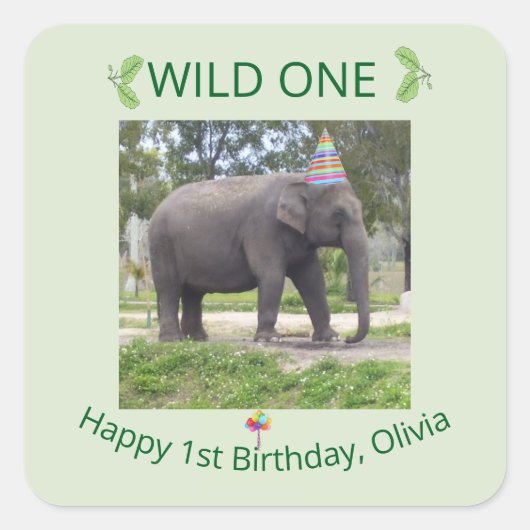 Wild One Elephant Birthday Design Quadratischer Aufkleber (Vorderseite)