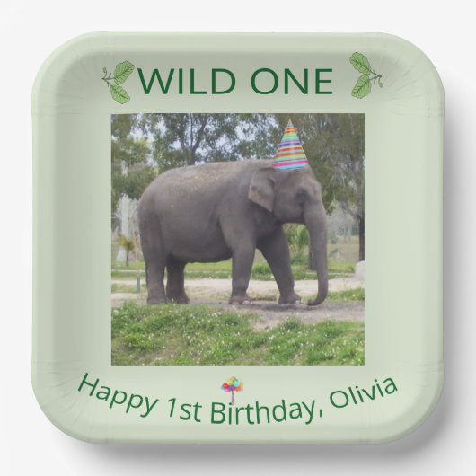 Wild One Elephant First Birthday Celebration Pappteller (Vorderseite)