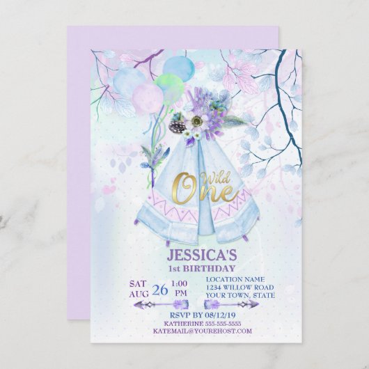 Wild One First Birthday Blue TeePee Boho Einladung (Vorne/Hinten)