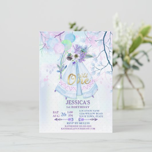 Wild One First Birthday Blue TeePee Boho Einladung (Stehend Vorderseite)