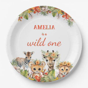 Wild One First Birthday Girl Safari Jungle Animals Pappteller