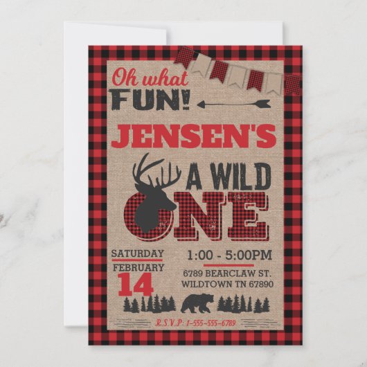 Wild One First Birthday Lumberjack Buffalo Kariert Einladung (Vorderseite)