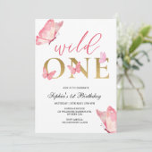 Wild One Floral Butterfly First Birthday Party  Einladung (Stehend Vorderseite)