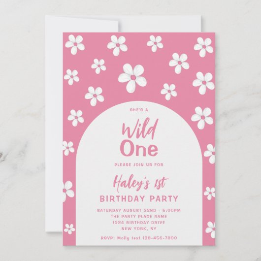Wild One Floral Cute Baby Girl 1st Birthday Party Einladung (Vorderseite)