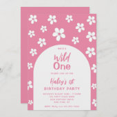 Wild One Floral Cute Baby Girl 1st Birthday Party Einladung (Vorne/Hinten)