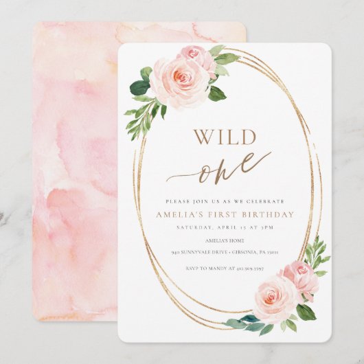 Wild One floral First Birthday Invitation Girl Einladung (Vorne/Hinten)