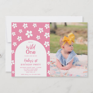 Wild One Floral Foto Baby Girl 1. Geburtstag Party Einladung