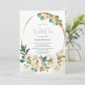 Wild One Floral Greenerie Goldene Einladung (Stehend Vorderseite)