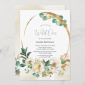 Wild One Floral Greenerie Goldene Einladung (Vorne/Hinten)