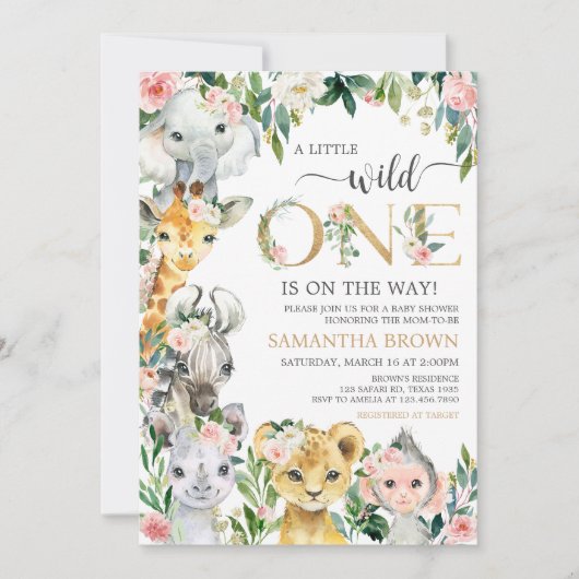 Wild One Floral Safari Baby Dusche Einladung (Vorderseite)