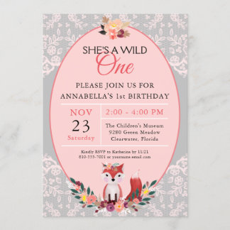Wild ONE Fox Blume & Lace Geburtstag Einladung