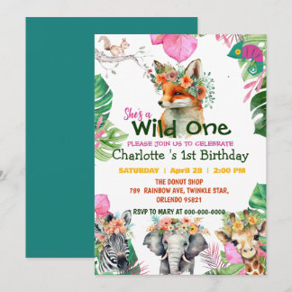 Wild One Fox Safari Dschungel 1. Tiere Geburtstag Einladung
