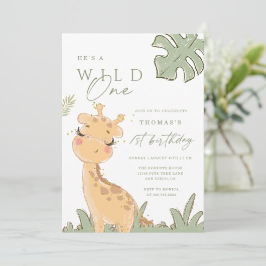 Wild One Giraffe 1. Geburtstag Einladung (Stehend Vorderseite)