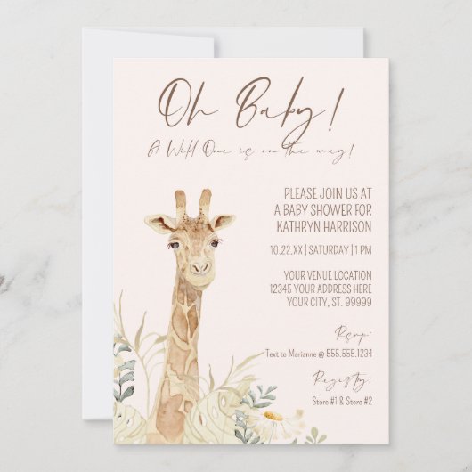 Wild One Giraffe Blush Floral Gender Neutral Baby Einladung (Vorderseite)