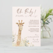 Wild One Giraffe Blush Floral Gender Neutral Baby Einladung (Stehend Vorderseite)