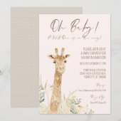 Wild One Giraffe Blush Floral Gender Neutral Baby Einladung (Vorne/Hinten)